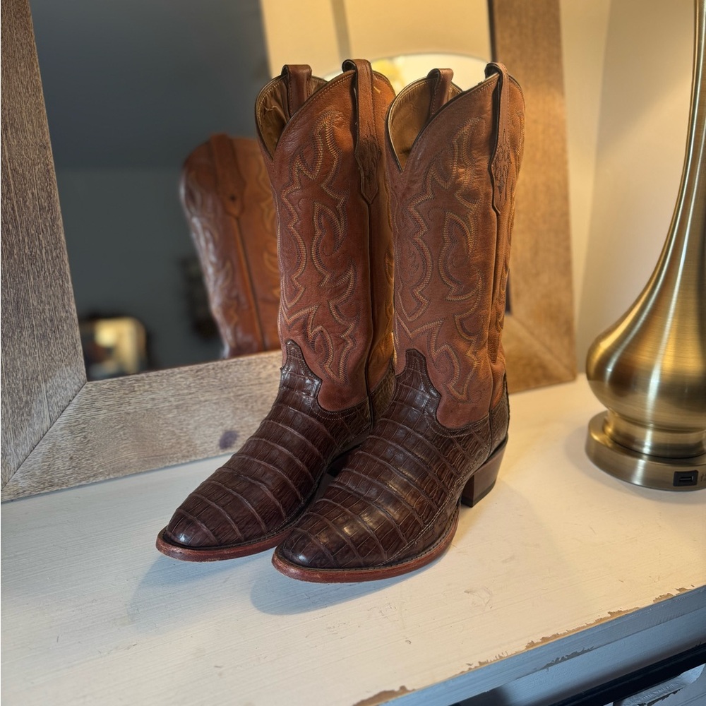 Tony Lama Two-Tone Leather Cowboy Boots- Cognac Caiman